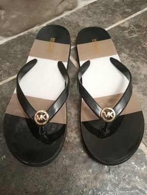 Michael Kors Black, White & Tan Striped Logo Jelly Flip Flops